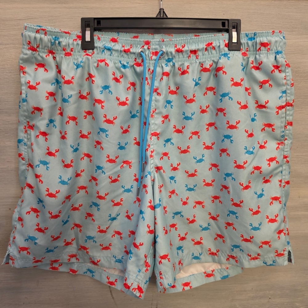 Land's End Men's Light Blue Multicolor Crab Print Swim Trunks Size XXL(44-46) GC